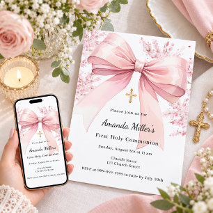 Pink bow florals girl First Communion Invitation
