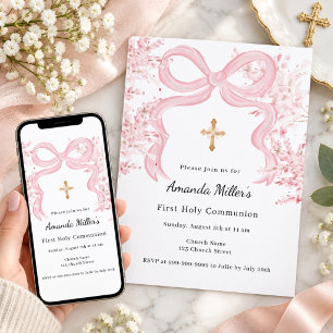 Pink bow florals girl First Communion Invitation