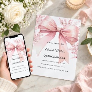 Pink bow florals Quinceanera Invitation