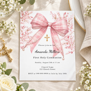 Pink Bow Florals Tartan First Communion Invitation