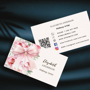 Pink bow flowers florals qr code social media business card
