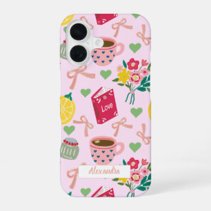 Pink bow flowers handrawing lemon pattern trendy iPhone 16 case
