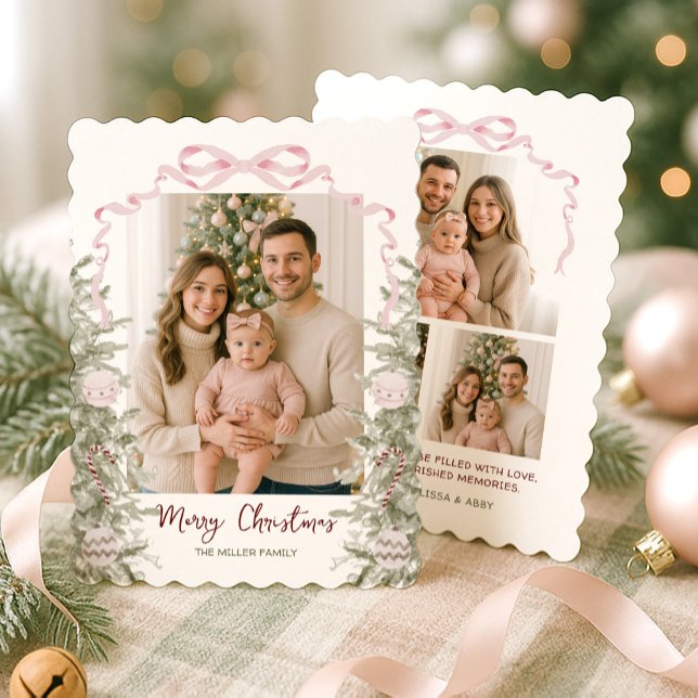 Pink Bow Four Photo Christmas Holiday Card (Creator Uploaded)