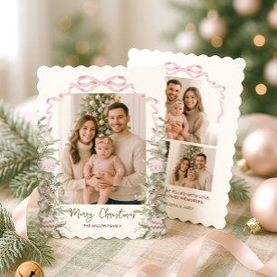 Pink Bow Four Photo Christmas Holiday Card