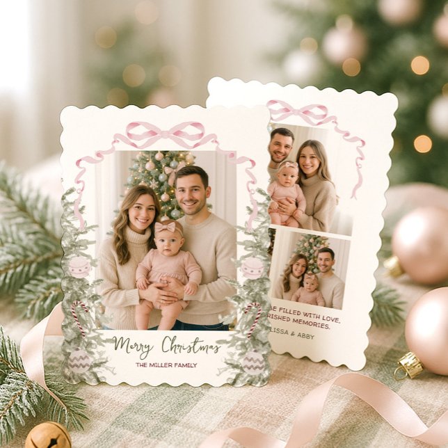 Pink Bow Four Photo Christmas Holiday Card (Creator Uploaded)
