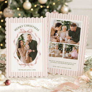 Pink Bow Four Photo Christmas Holiday Card