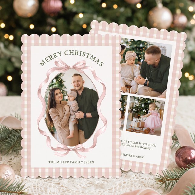 Pink Bow Four Photo Gingham Christmas Holiday Card (Creator Uploaded)