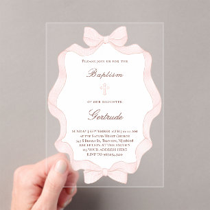  pink bow frame Baptism  Acrylic Invitations