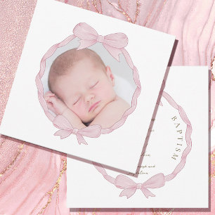 pink bow frame Baptism small thank you card