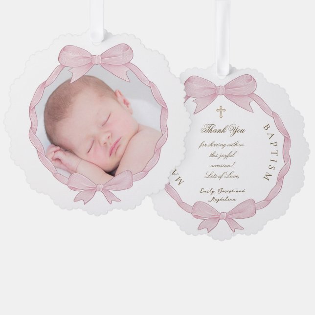 pink bow frame Baptism thank you  Tree Decoration Card (Front/Back)