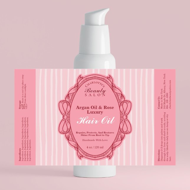 Pink Bow Frame Beauty Oil Bottle Label (Pink Bow Frame Beauty Oil Bottle Label)