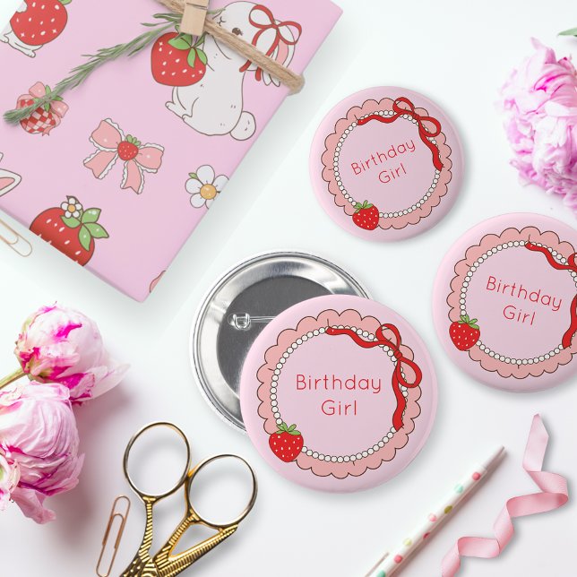 Pink Bow Frame Strawberry Birthday 6 Cm Round Badge (Creator Uploaded)