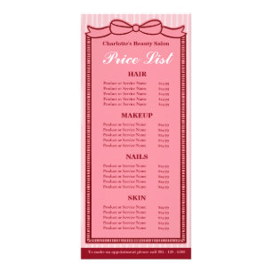 Pink Bow Frame Striped Salon Price List Card
