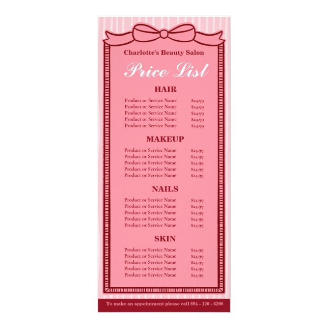 Pink Bow Frame Striped Salon Price List Card (Front)