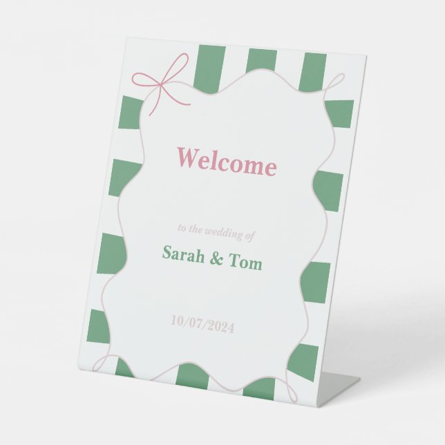 Pink Bow Frame Striped Wedding Pedestal Sign (Front)