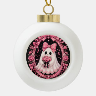 Pink Bow Ghost Ballerina Coquette Halloween Ceramic Ball Christmas Ornament