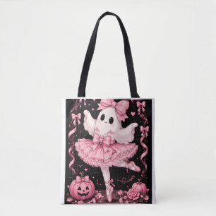 Pink Bow Ghost Ballerina Coquette Halloween Tote Bag