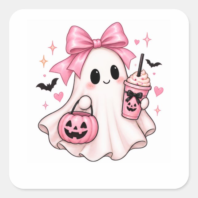 Pink Bow Ghost Coquette Halloween Square Sticker (Front)