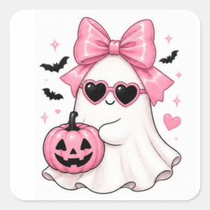 Pink Bow Ghost Heart Sunglasses Square Sticker