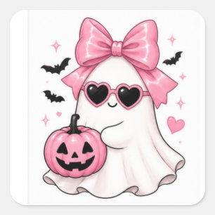 Pink Bow Ghost Heart Sunglasses Square Sticker