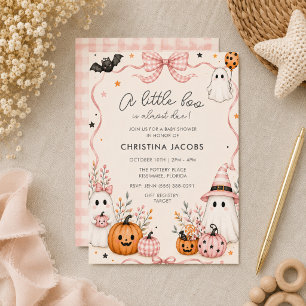 Pink Bow Ghost October Halloween Baby Shower Invitation