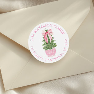 Pink Bow Ginger Jar Christmas Tree Address Classic Round Sticker