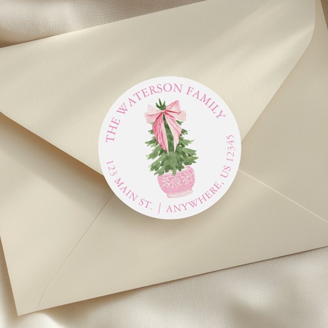 Pink Bow Ginger Jar Christmas Tree Address Classic Round Sticker (Creator Uploaded)