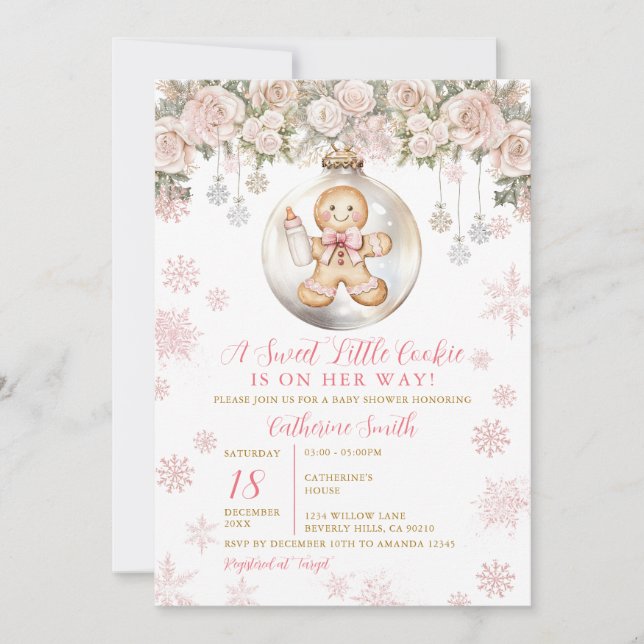 Pink Bow Gingerbread Christmas Cookies Baby Shower Invitation (Front)