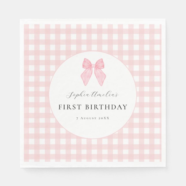 Pink Bow Gingham 1st Birthday Paper Napkins (Front)
