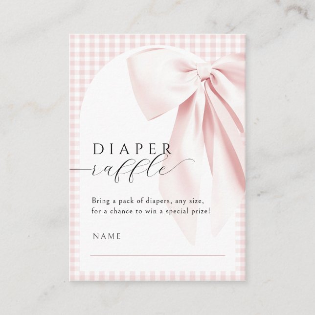 Pink Bow Gingham Baby Shower Diaper Raffle Enclosure Card (Front)