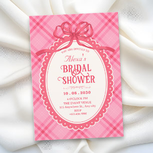 Pink bow gingham bridal shower invitation
