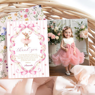 Pink Bow Gingham Bunny 1st Birthday Thank You Card