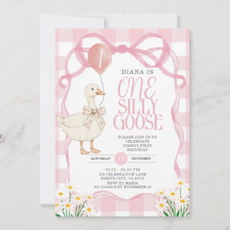 PINK BOW Gingham Daisy One Silly Goose Birthday Invitation