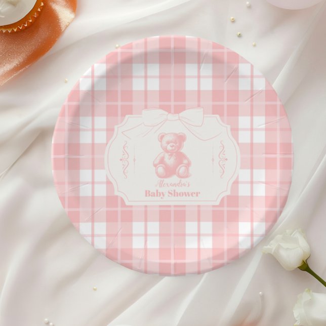 Pink Bow Gingham French Teddy Bear Baby Shower Paper Plate (Creator Uploaded)
