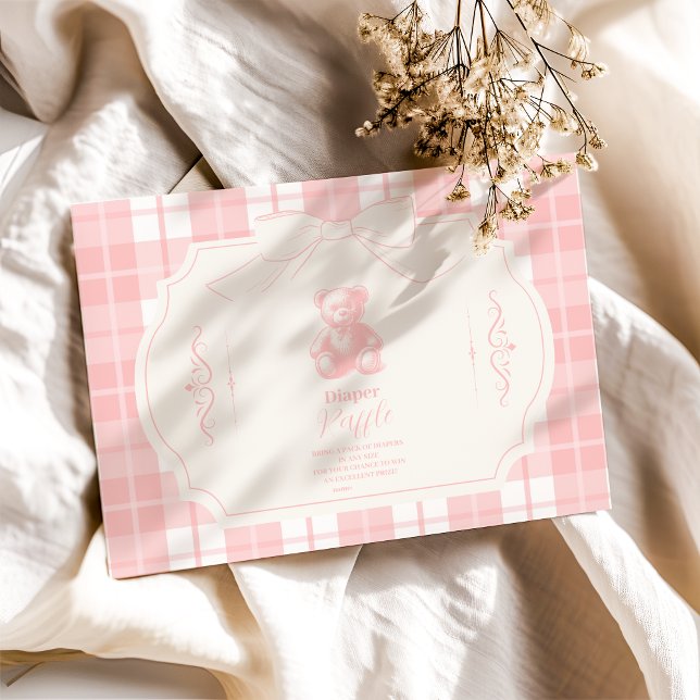 Pink Bow Gingham French Teddy Diapper Raffle Enclosure Card (Creator Uploaded)