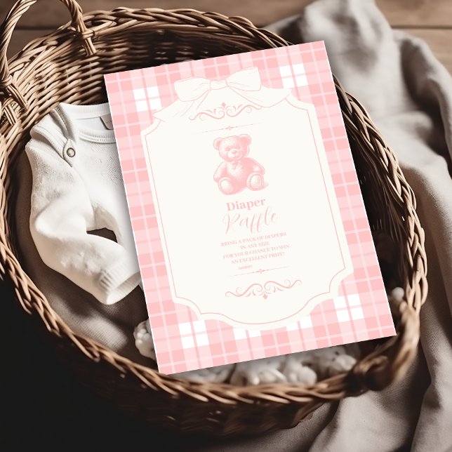 Pink Bow Gingham French Teddy  Diapper Raffle Enclosure Card (Creator Uploaded)