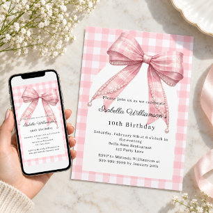 Pink bow gingham girl Birthday Invitation