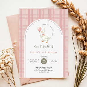 Pink Bow Gingham One Silly Duck 1st Birthday Party Invitation
