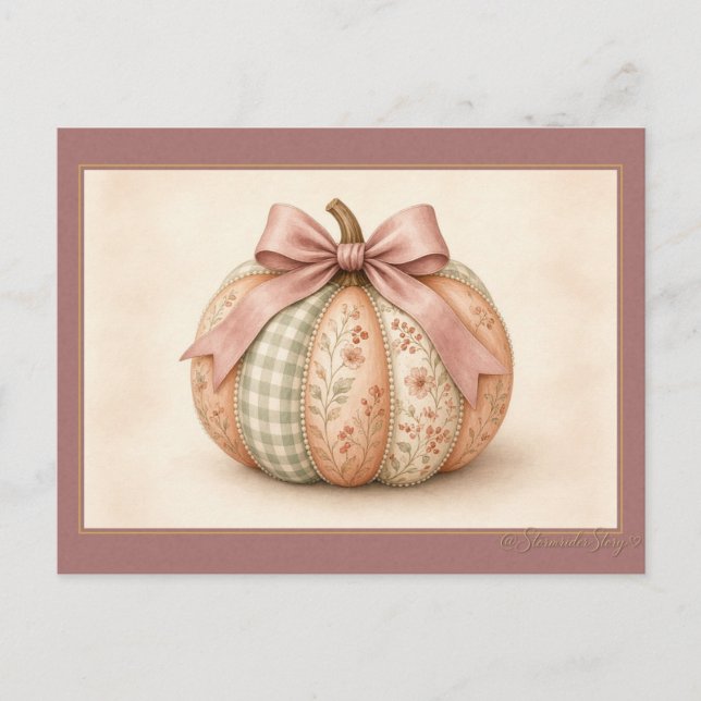 Pink Bow Gingham Patchwork Pumpkin Postcard (Front)