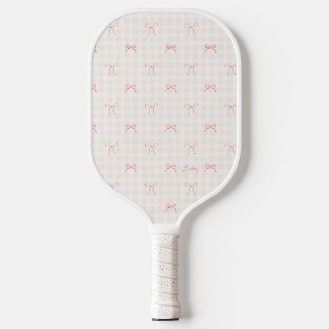 Pink Bow Gingham Personalised Name Pickleball Paddle (Front)