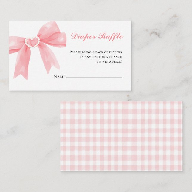 Pink bow gingham preppy baby shower Diaper Raffle Enclosure Card (Front/Back)