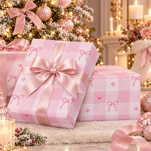 Pink Bow Gingham Seamless Pattern Cute Feminine Wrapping Paper