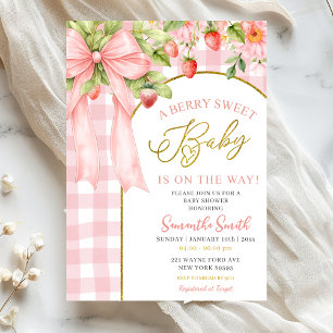 Pink Bow Gingham Strawberry Baby Shower Invitation