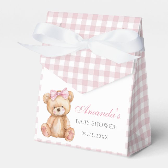 Pink Bow Gingham Teddy Bear Baby Shower Favour Box (Front Side)