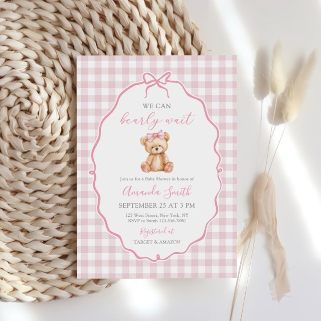 Pink Bow Gingham Teddy Bear Baby Shower Invitation (Creator Uploaded)