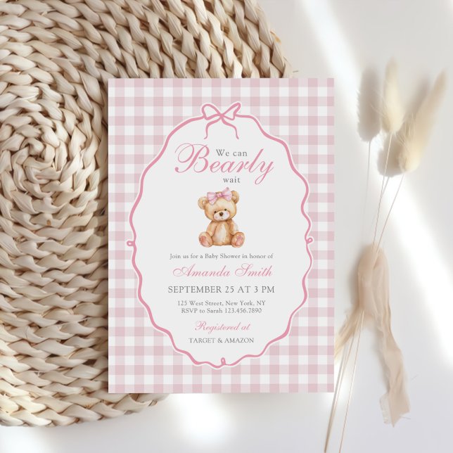 Pink Bow Gingham Teddy Bear Baby Shower Invitation (Creator Uploaded)