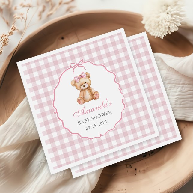 Pink Bow Gingham Teddy Bear Baby Shower Napkin (Creator Uploaded)