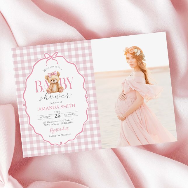 Pink Bow Gingham Teddy Bear Baby Shower Photo Invitation (Creator Uploaded)