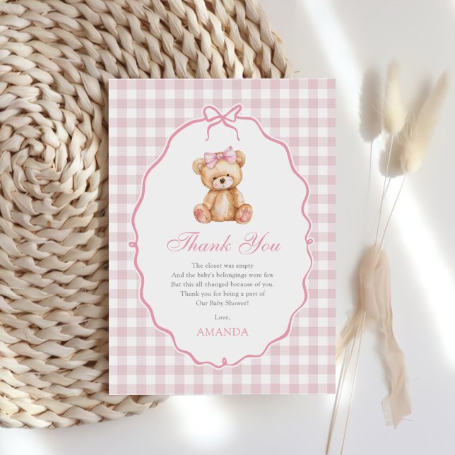 Pink Bow Gingham Teddy Bear Baby Shower Thank You Card (Creator Uploaded)