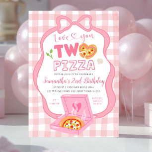 Pink Bow GinghamLove you TWO pizza birthday Invitation